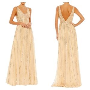 Mac Duggal 10700 Cream Gold Sequin Gown Deep V Back Size 24 NWT